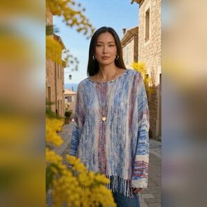 Lightweight Baja Multicolor Knit Sweater - Blue, Cream & Red Beach Coastal